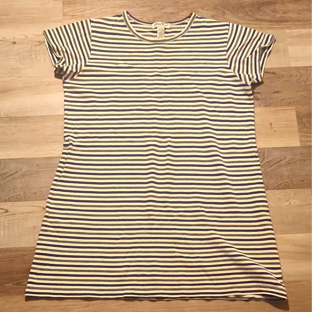Eddie Bauer L Blue White Striped Knit 100% Cotton T-Shirt Dress Crew Neck Knee